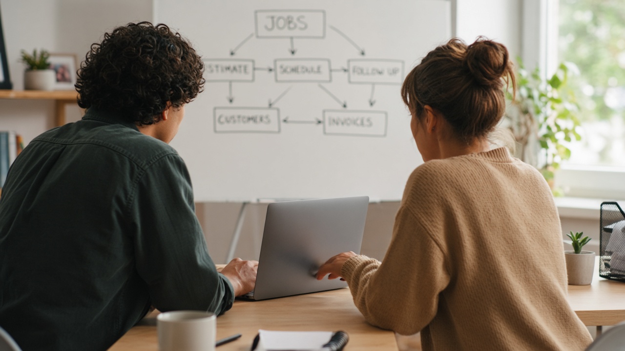 Two people at a shared table working on one laptop, with a whiteboard behind them sketching jobs, scheduling, follow up and invoices
